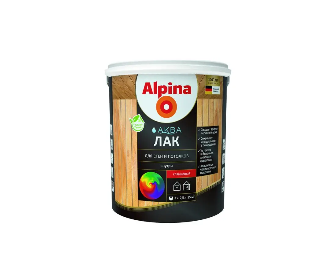 0.9ლ ლაქი წყლის ბაზაზე პრიალა ALPINA — ლაქი